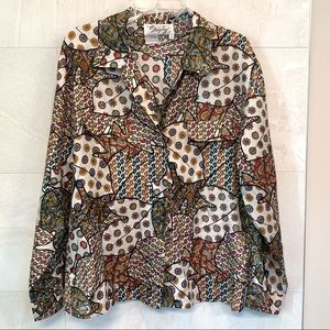 Pinsky print button up collared long sleeve, super soft, size medium